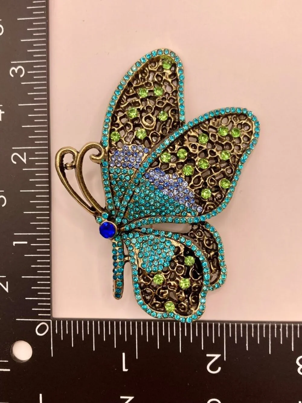 Butterfly Brooch Pin Blue & Green Rhinestones Antique Gold-Tone Metal -60B